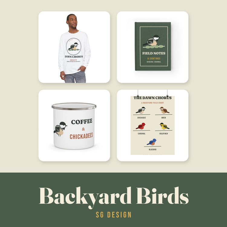 Backyard Birds collection by SG Design: chickadee long sleeve, field journal, enamel mug and poster